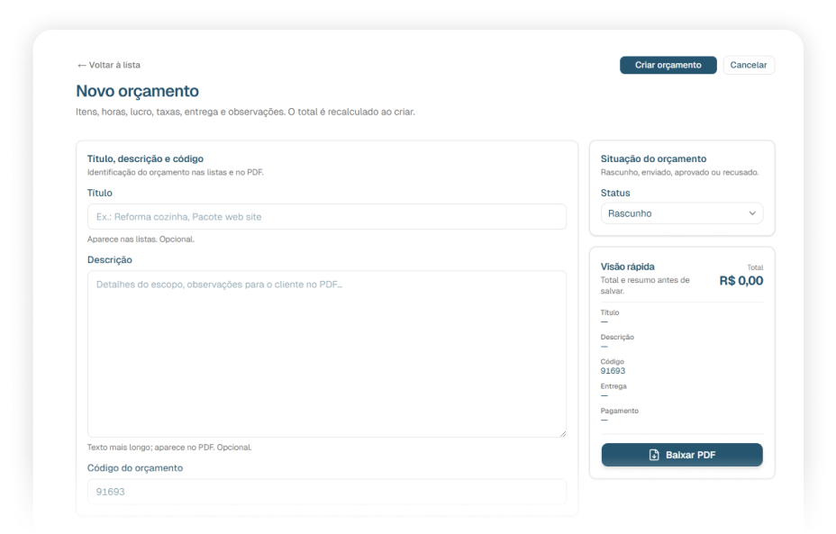 Interface do app: tela Novo orçamento com formulário e resumo lateral